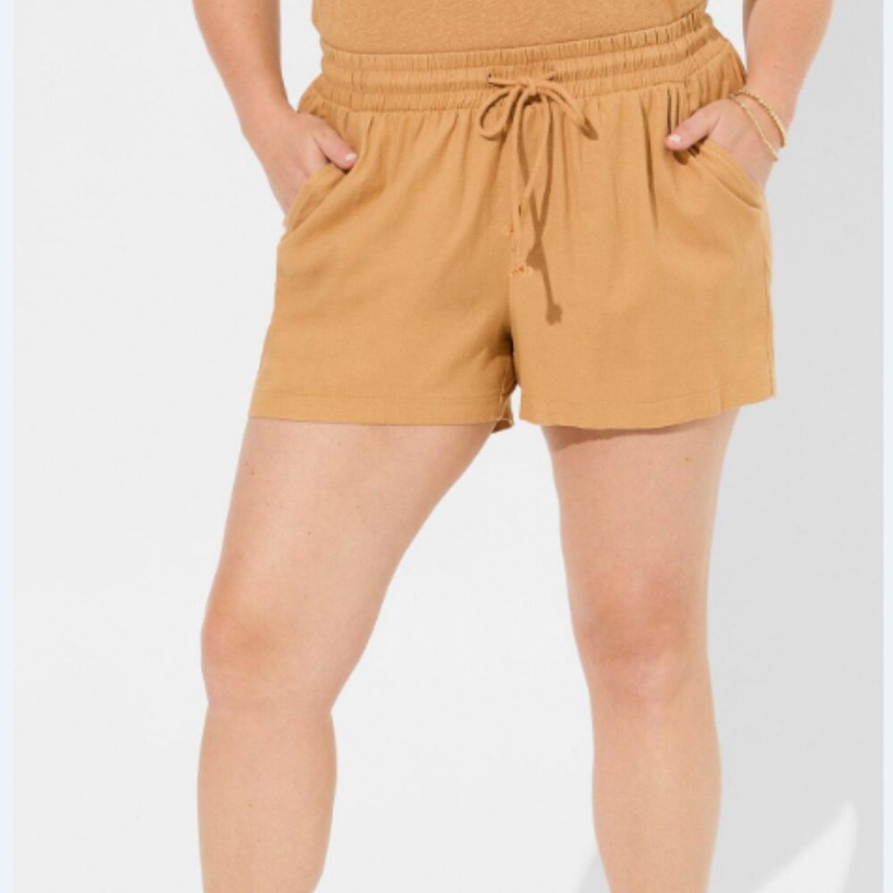 Torrid 5 Inch Pull-On Stretch Linen Mid-Rise Short - Tan‎ - Medium - Picture 5 of 7